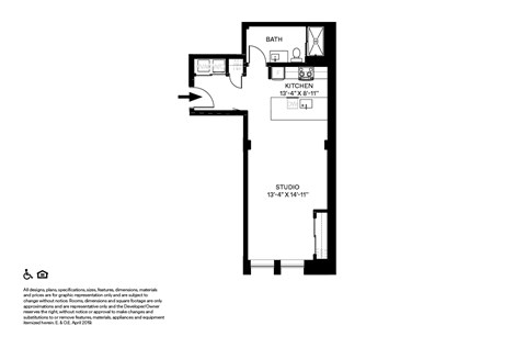 Floor plan for studio, 1 bath, 600 sqft